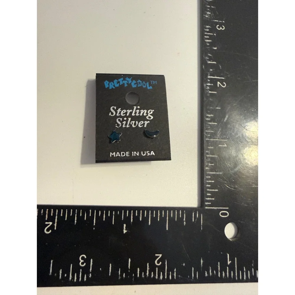 Pretty Cool Sterling Silver Star Moon Mismatched Stud Earrings Blue Enamel USA